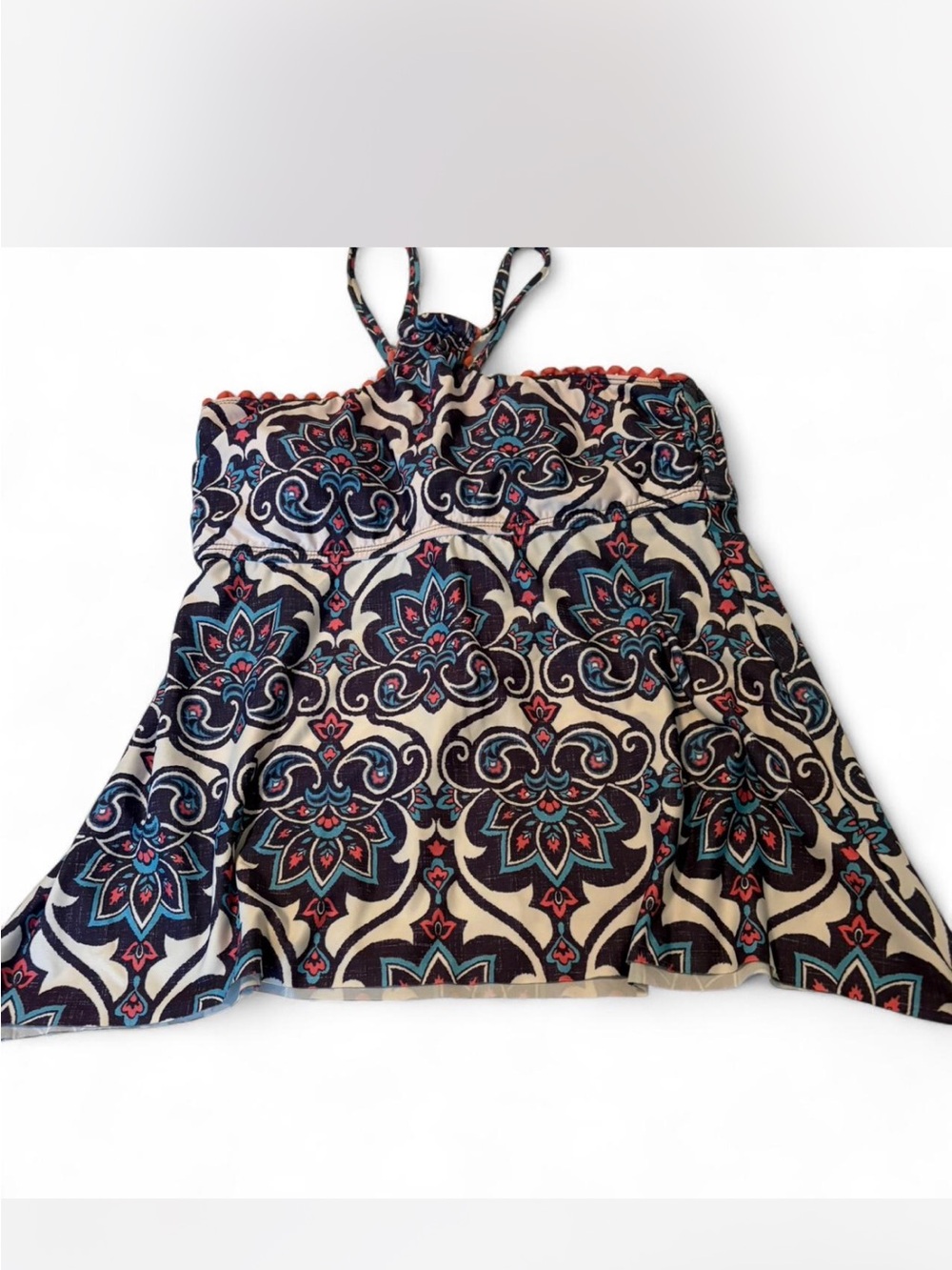 Tankini top with blue and white boho design.